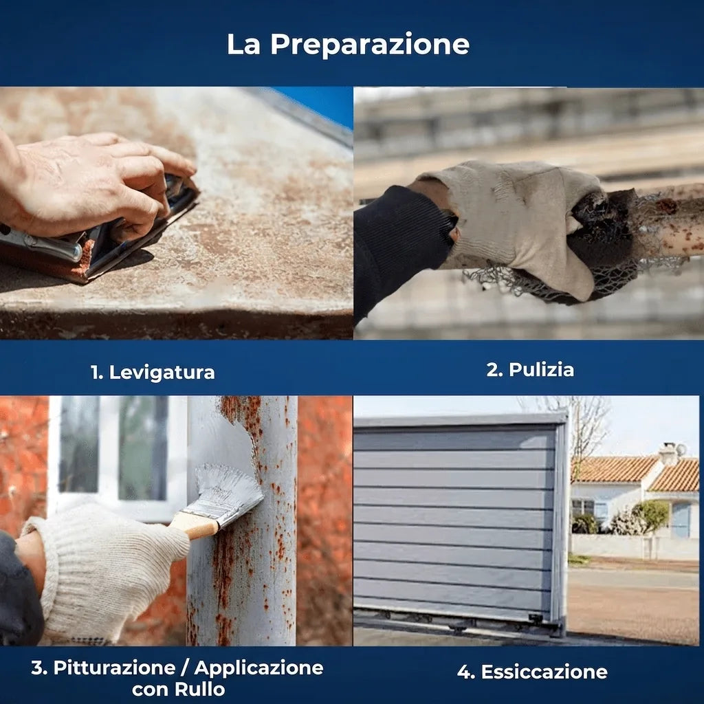 Quattro passaggi per la preparazione e pittura di superfici: levigatura, pulizia, applicazione vernice e asciugatura.