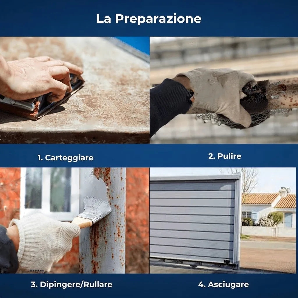Quattro passaggi per la preparazione e pittura di superfici: levigatura, pulizia, applicazione vernice e asciugatura.