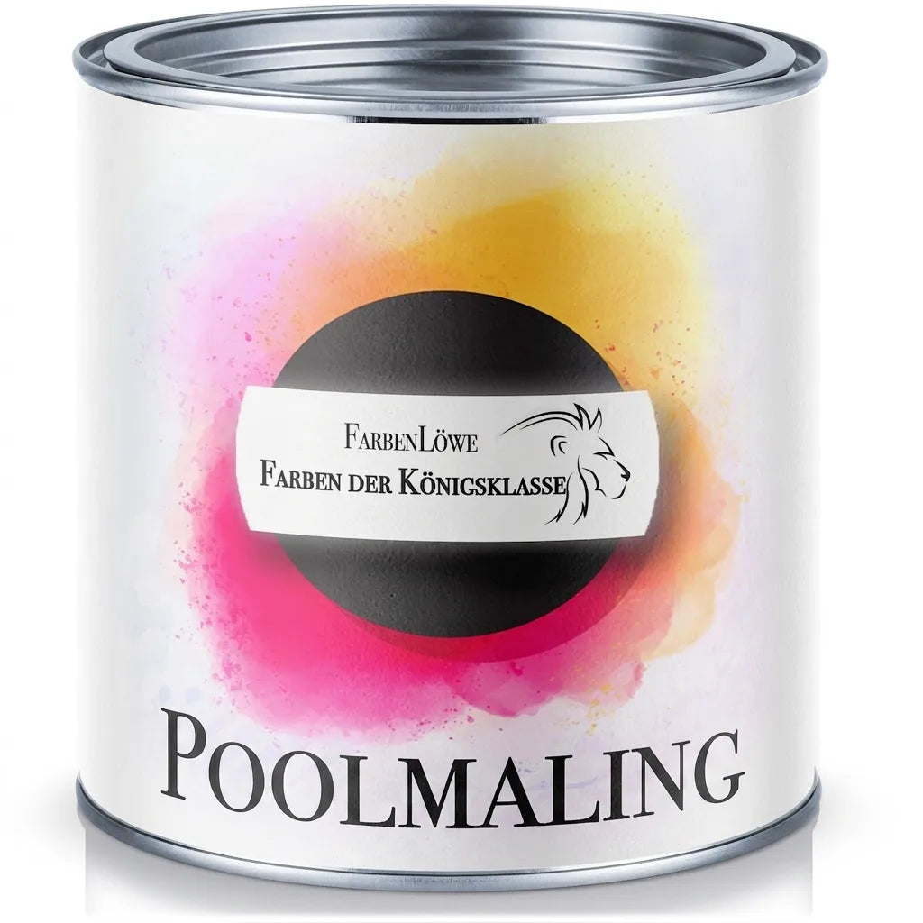 FarbenLöwe swimmingpoolmaling i premium kongeklasse. Hvid dåse med farverig pink og gul baggrund.