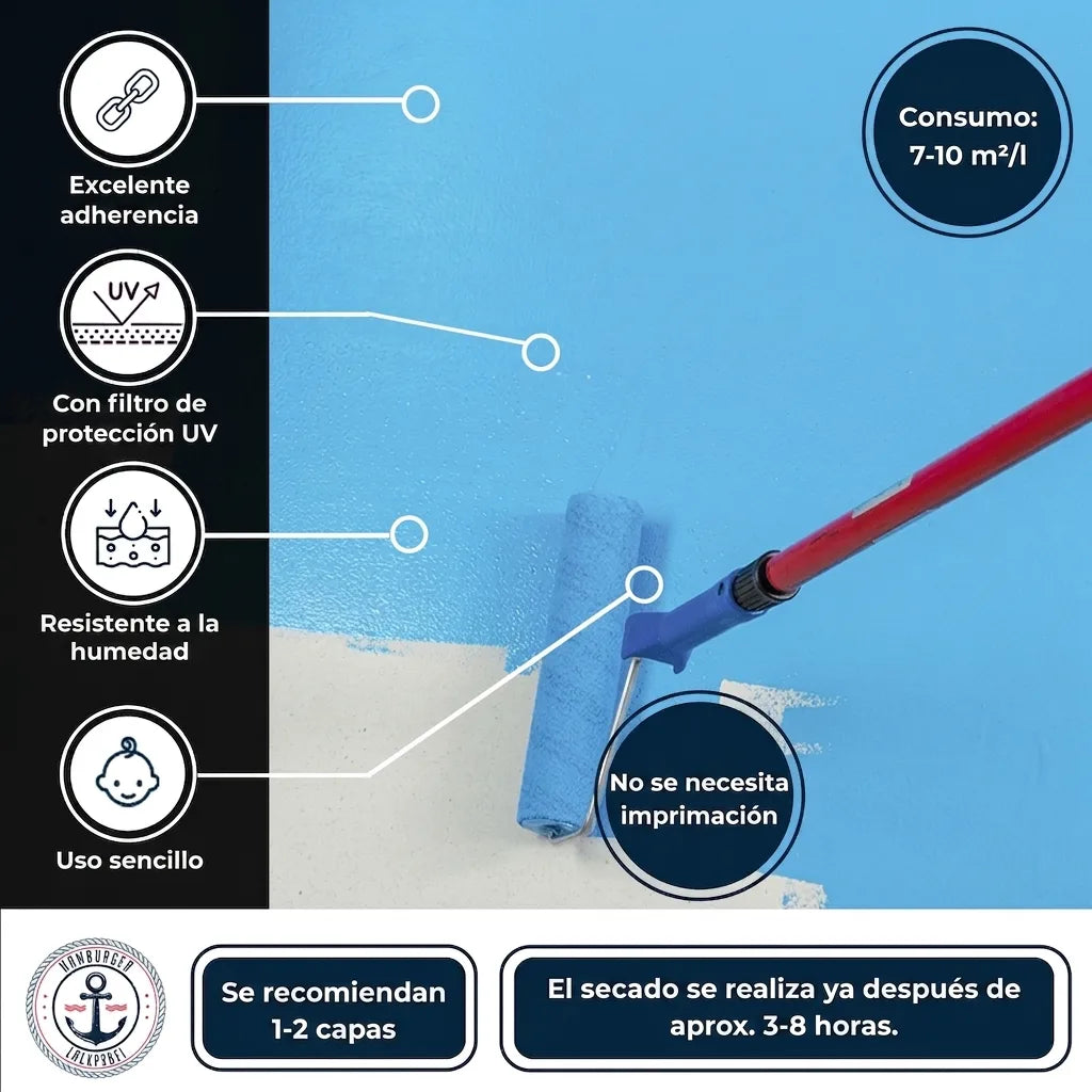 Aplicación de pintura azul para pisos con rodillo. Características destacadas: alta adherencia, UV, humedad, fácil, secado rápido.