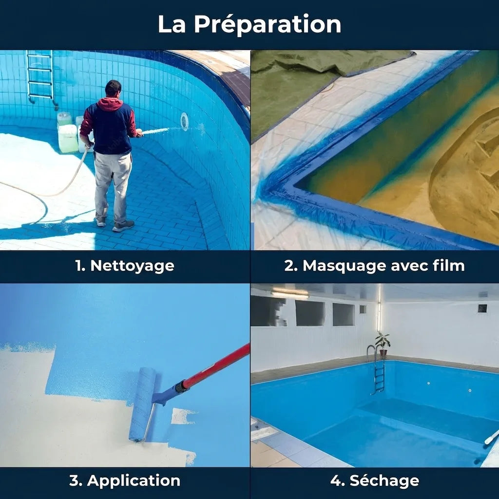 Image montrant les 4 étapes de préparation d'une piscine : nettoyage, protection, peinture en bleu et séchage.