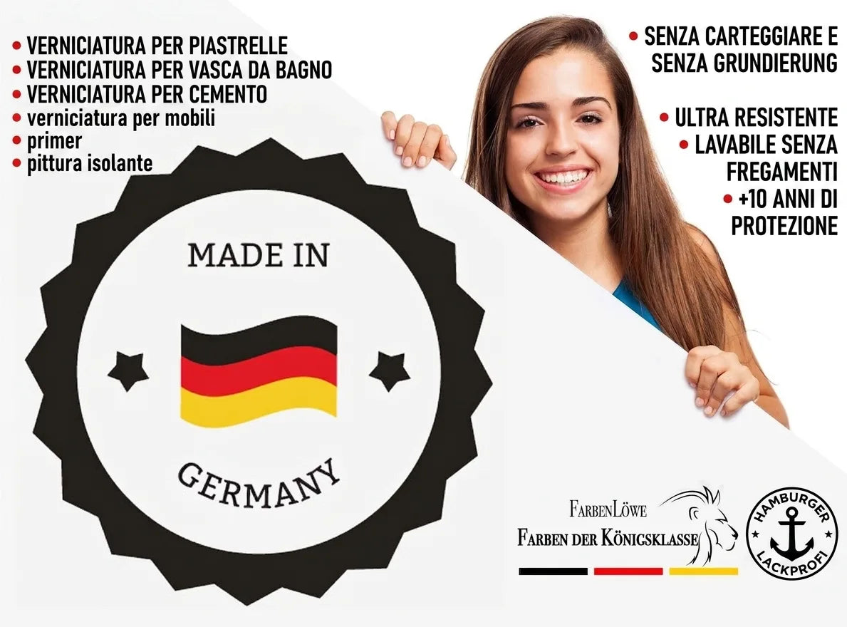 Ragazza sorridente con cartello che mostra badge "Made in Germany" e logo FarbenLöwe con bandiera tedesca.
