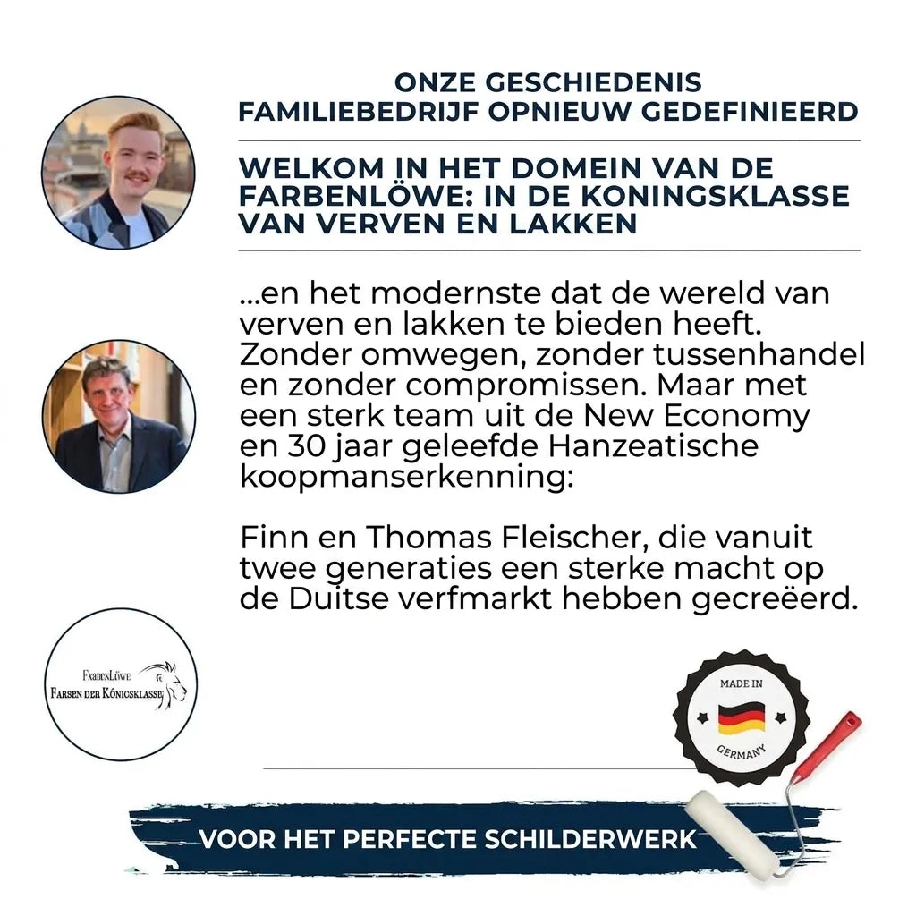 FarbenLöwe advertentie: portretten Finn & Thomas Fleischer, tekst over familiebedrijf, kwaliteitsverf, Made in Germany.