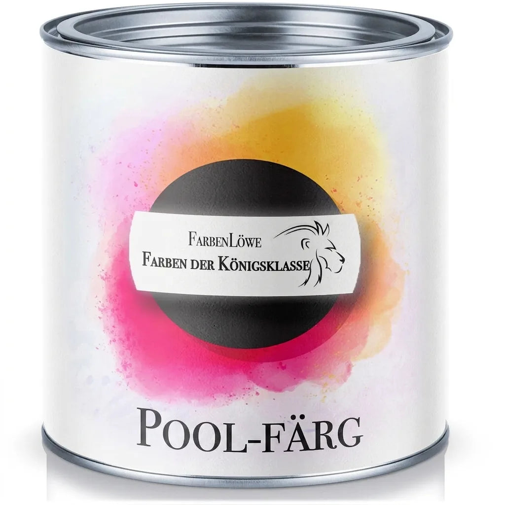 Färgburk med poolfärg från FarbenLöwe, märkta som 'Premiumklassfärger', med färgstark stänkdesign.