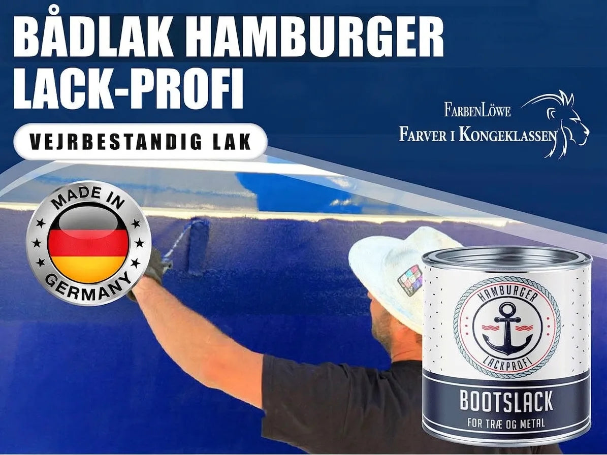 Billede af Hamburger Lack-Profi bådmaling, vejrbestandig til træ og metal, med 'Made in Germany'-mærke.