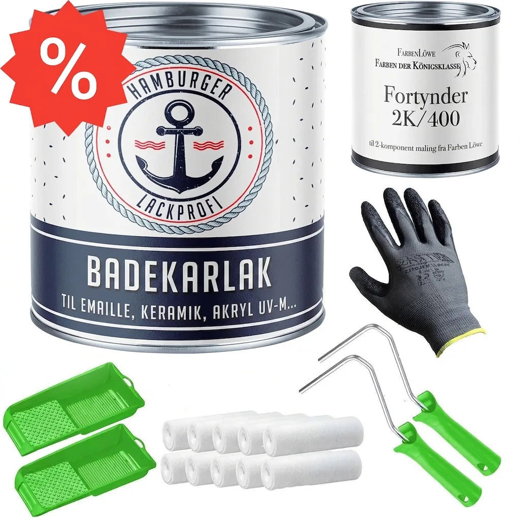 Sæt til maling af badekar med lak, fortynder, malerruller, bakker og handsker. Inkl. tilbudsmærke.