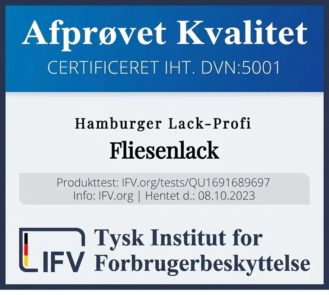 Certifikat for fliseemaling med 'Testet Kvalitet' fra Tysk Forbrugerinstitut.