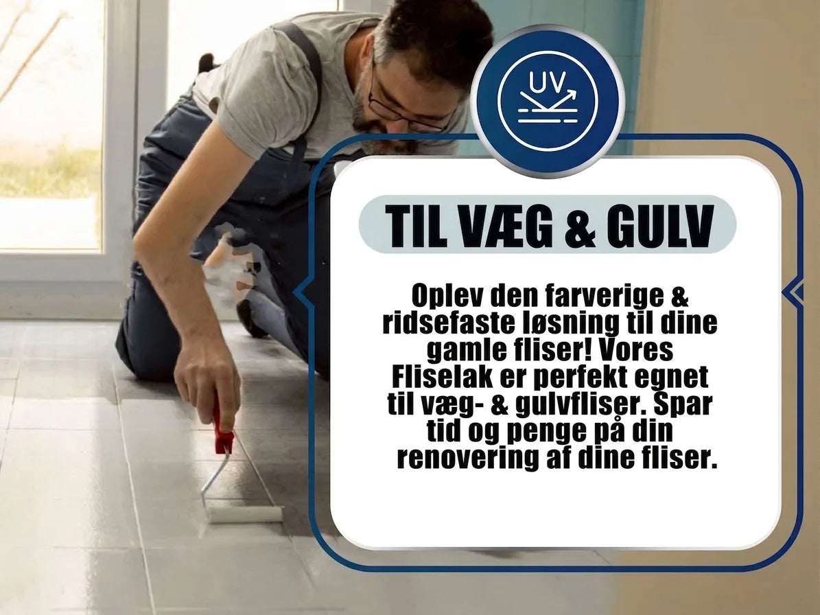 Mand maler gulvfliser med UV-bestandig, ridsefast flisemaling til vægge og gulve. Renover gamle fliser, spar tid og penge.
