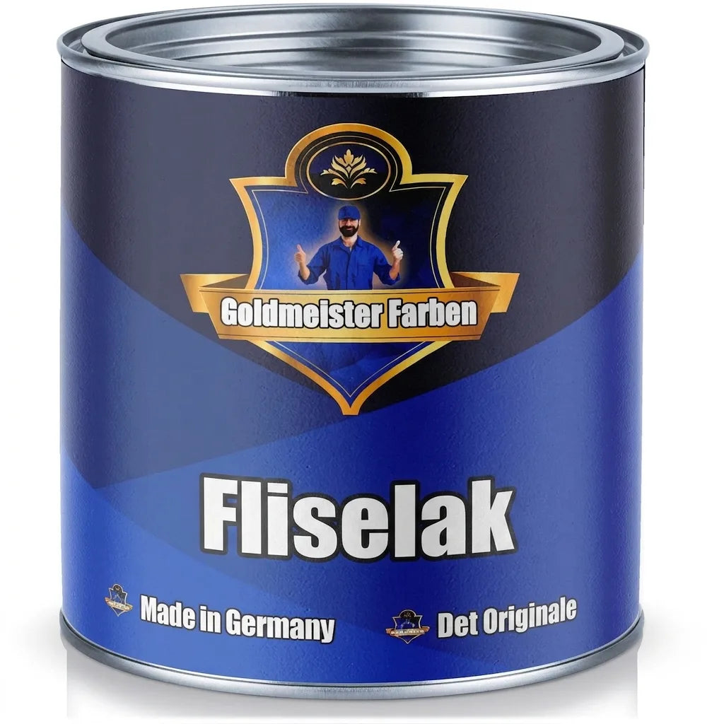 Goldmeister Farben fliselak dåse i blå, med skægget mand, 'Made in Germany' og 'Das Original' tekst.