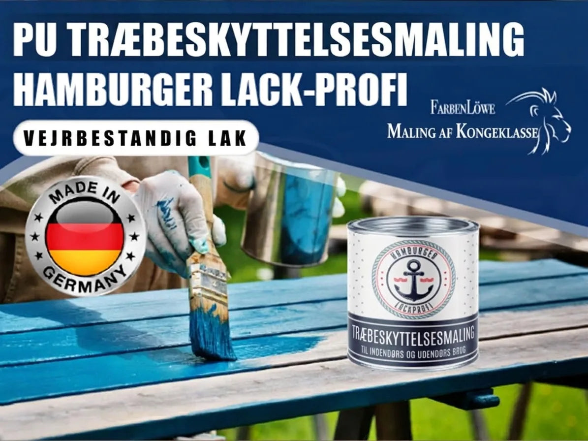 Person maler træbord med blå PU træbeskyttelsesmaling fra Hamburger Lack-Profi. Vejrbestandig maling, Made in Germany.