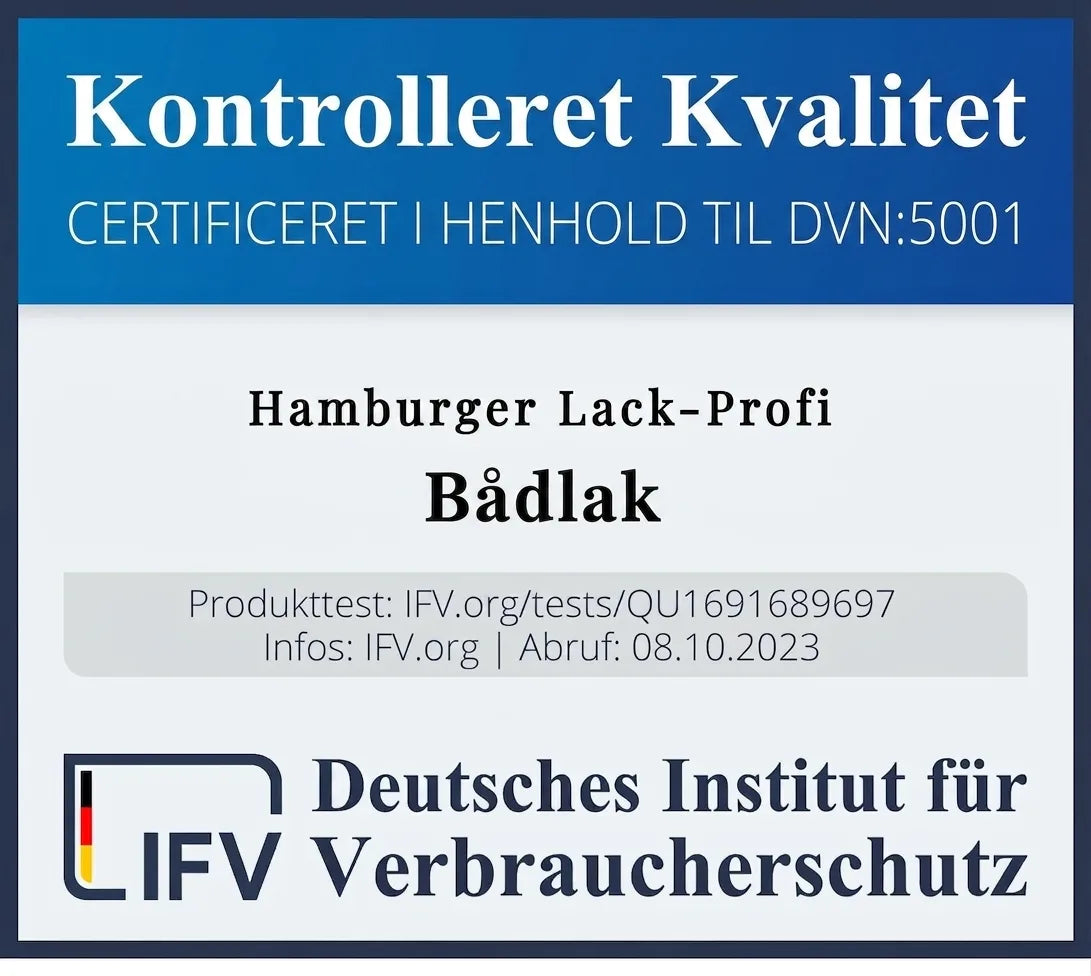 Mærke for testet kvalitet af Hamburger Lack-Profi bådelak, certificeret DVN:5001 af Tysk Forbrugerbeskyttelsesinstitut.