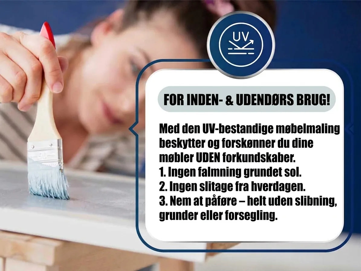 Kvinde maler møbel med UV-bestandig møbelmaling til inde og ude. Tekst fremhæver nem påføring, ingen falmning fra sol, ingen slitage.