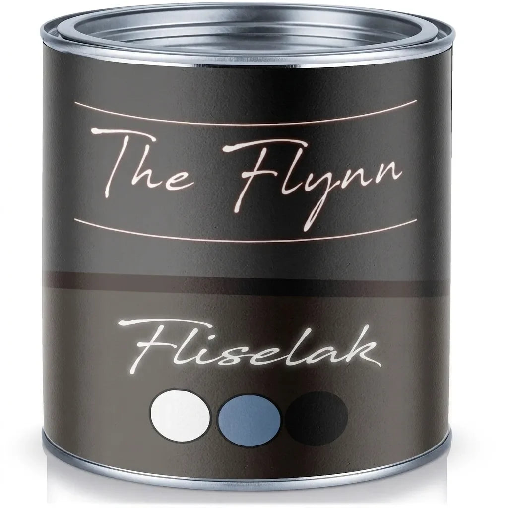 The Flynn fliselak malingsdåse. Sort design med hvid, blå og sort farveprøve til flisemaling.