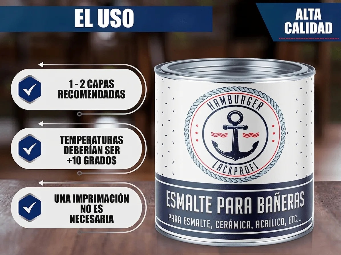 Lata de pintura para bañeras 'Hamburger Lackprofi'. Instrucciones de uso y alta calidad para esmalte, cerámica y acrílico.