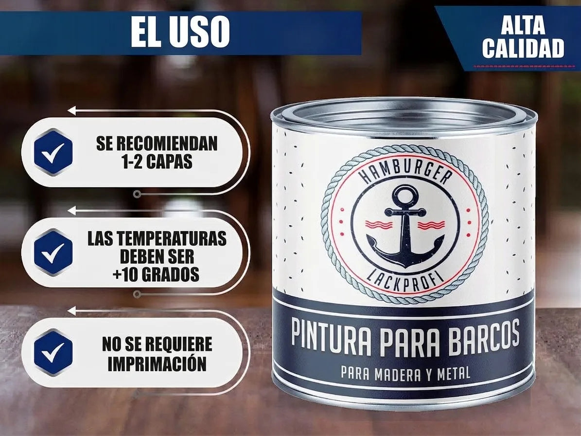 Lata de pintura para barcos (Bootslack) con instrucciones de uso para madera y metal. Alta calidad.
