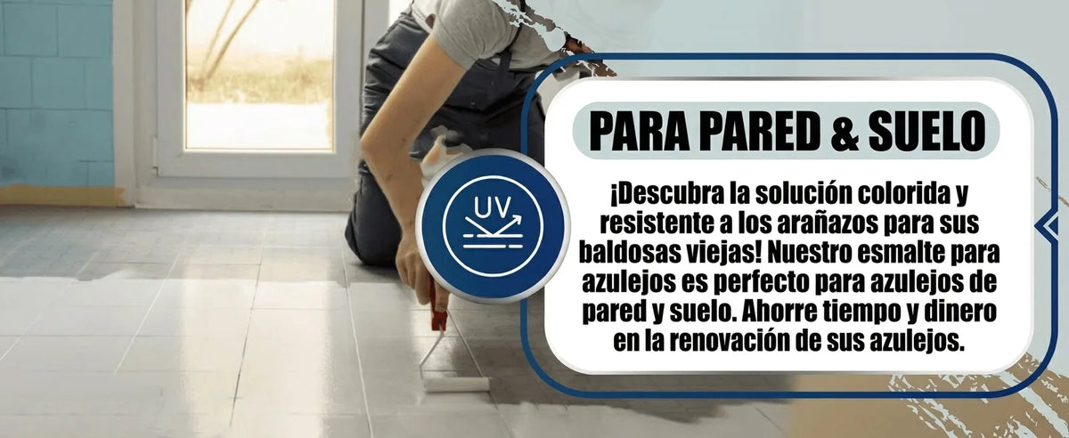 Hombre pintando azulejos de suelo. Gran caja de texto promocional en alemán que dice 'PARA PARED Y SUELO', 'Descubre la solución colorida y
