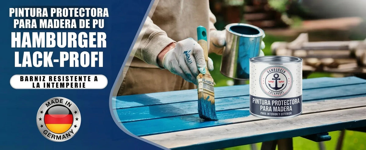 Persona pintando mesa de madera azul con laca protectora PU 'Hamburger Lack-Profi' alemana, resistente a la intemperie.
