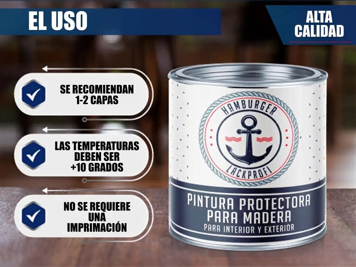 Pintura protectora de madera Hamburger Lackprofi para interior y exterior. Alta calidad, 1-2 capas, +10°C, sin imprimación.