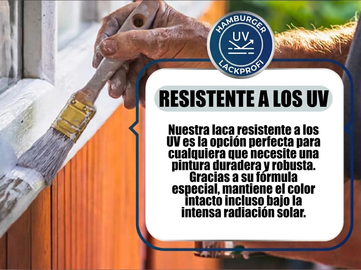 Hombre pintando ventana. Texto alemán: laca UV-resistente, duradera, robusta, mantiene color bajo sol intenso.