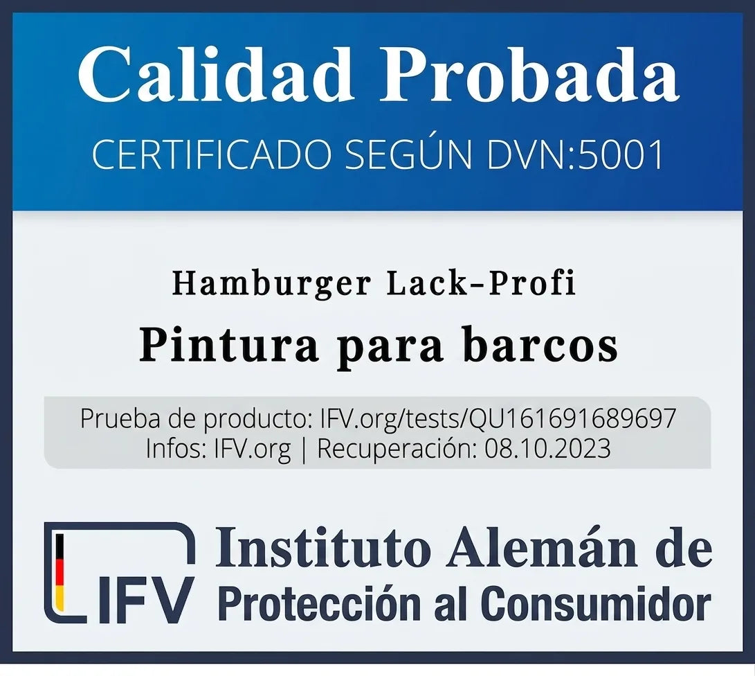 Certificación de calidad alemana para pintura 'Bootlack' del Instituto Alemán de Protección al Consumidor.