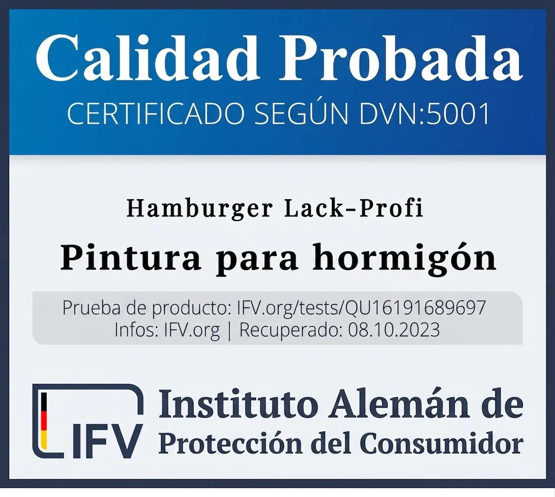 Certificación de calidad del Instituto Alemán de Protección al Consumidor para pintura de hormigón.
