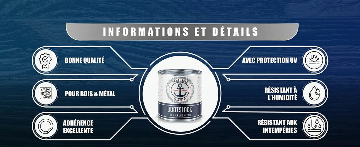 Vernis bateau (Bootslack): haute qualité, bois & métal, adhérence, protection UV, résiste humidité et intempéries.