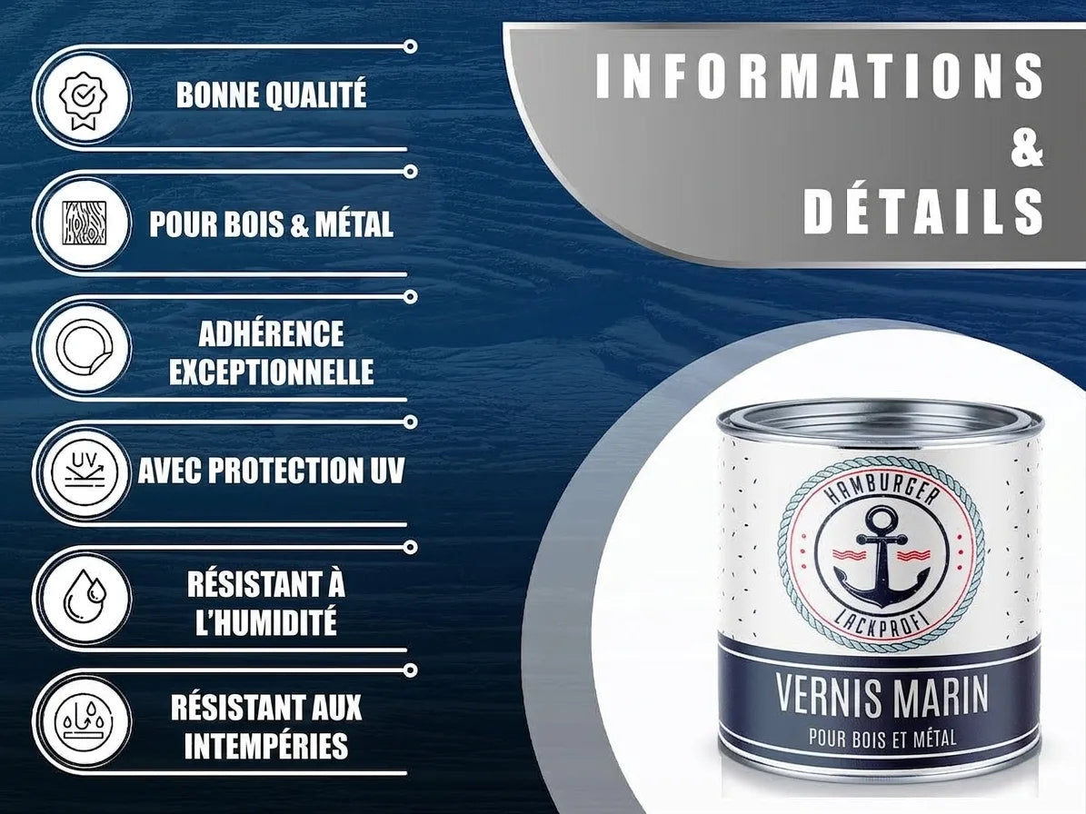 Pot de peinture marine pour bois et métal 'Hamburger Lackprofi'. Résistance UV, humidité, intempéries. Qualité pro.