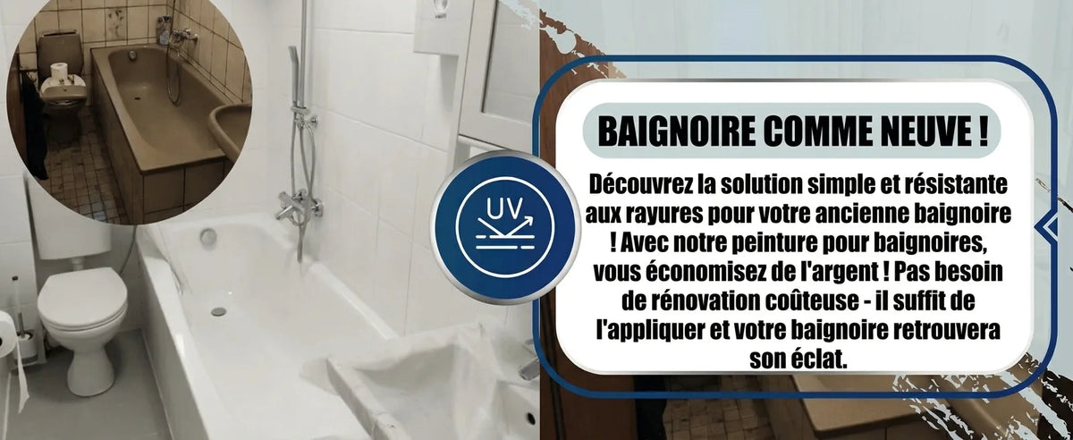 Photo avant/après d'une baignoire : ancienne baignoire beige transformée en blanche et brillante avec peinture émail.