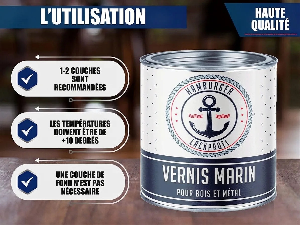Pot de peinture marine Hamburger Lackprofi pour bois et métal, haute qualité. Conseils d'application visibles.