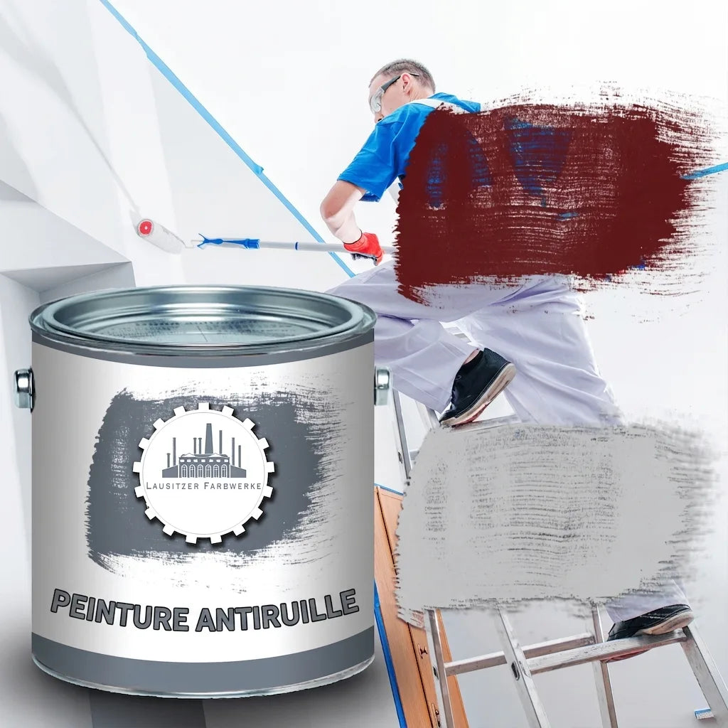 Peintre appliquant de la peinture sur un mur. Pot de peinture antirouille 'ROSTSCHUTZFARBE' de Lausitzer Farbwerke.