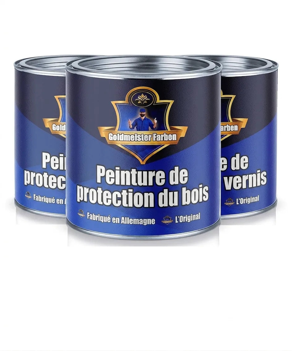 Trois pots de peinture Goldmeister Farben bleu et or, pour la protection du bois, 'Made in Germany'.