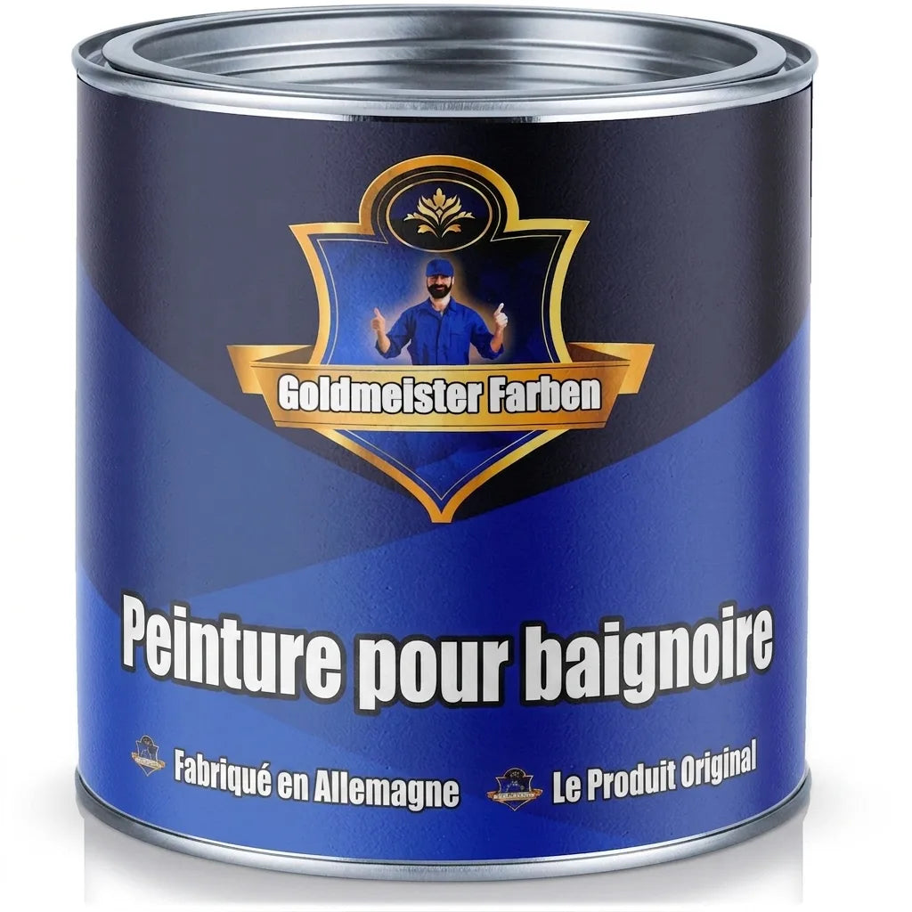 Pot de peinture Goldmeister Farben bleu pour baignoire, avec un homme en uniforme et l'inscription 'Made in Germany, Das Original'.