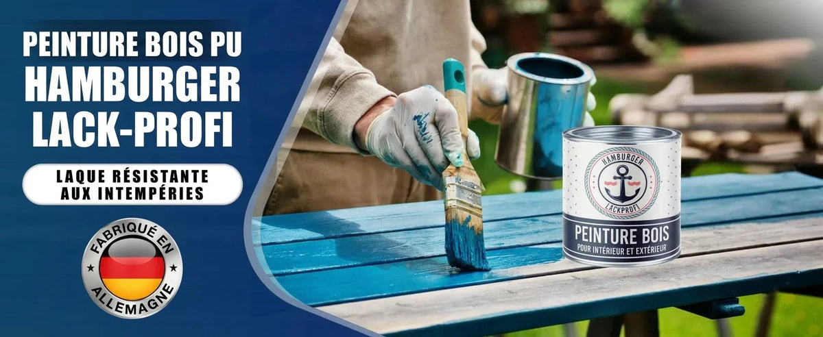 Peinture bois PU Hamburger Lack-Profi, vernis allemand résistant aux intempéries pour extérieur, appliqué sur table.