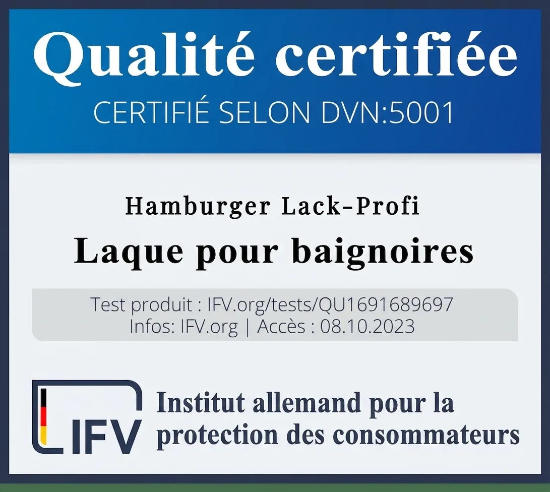 Certificat de qualité pour la peinture pour baignoire Hamburger Lack-Profi, testée par l'Institut allemand de protection des consommateurs.