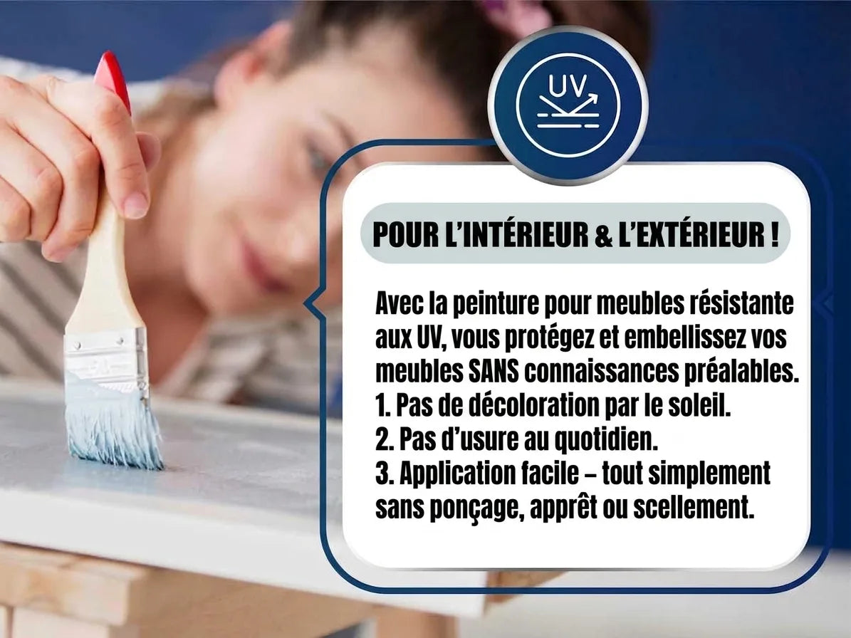 Femme peignant un meuble avec de la peinture UV-résistante. Idéale intérieur/extérieur, facile d'application sans ponçage.