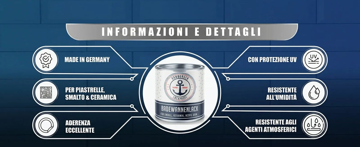 Dettagli smalto per vasche Made in Germany: per piastrelle/ceramica, alta adesione, protezione UV, resistente a umidità/intemperie.