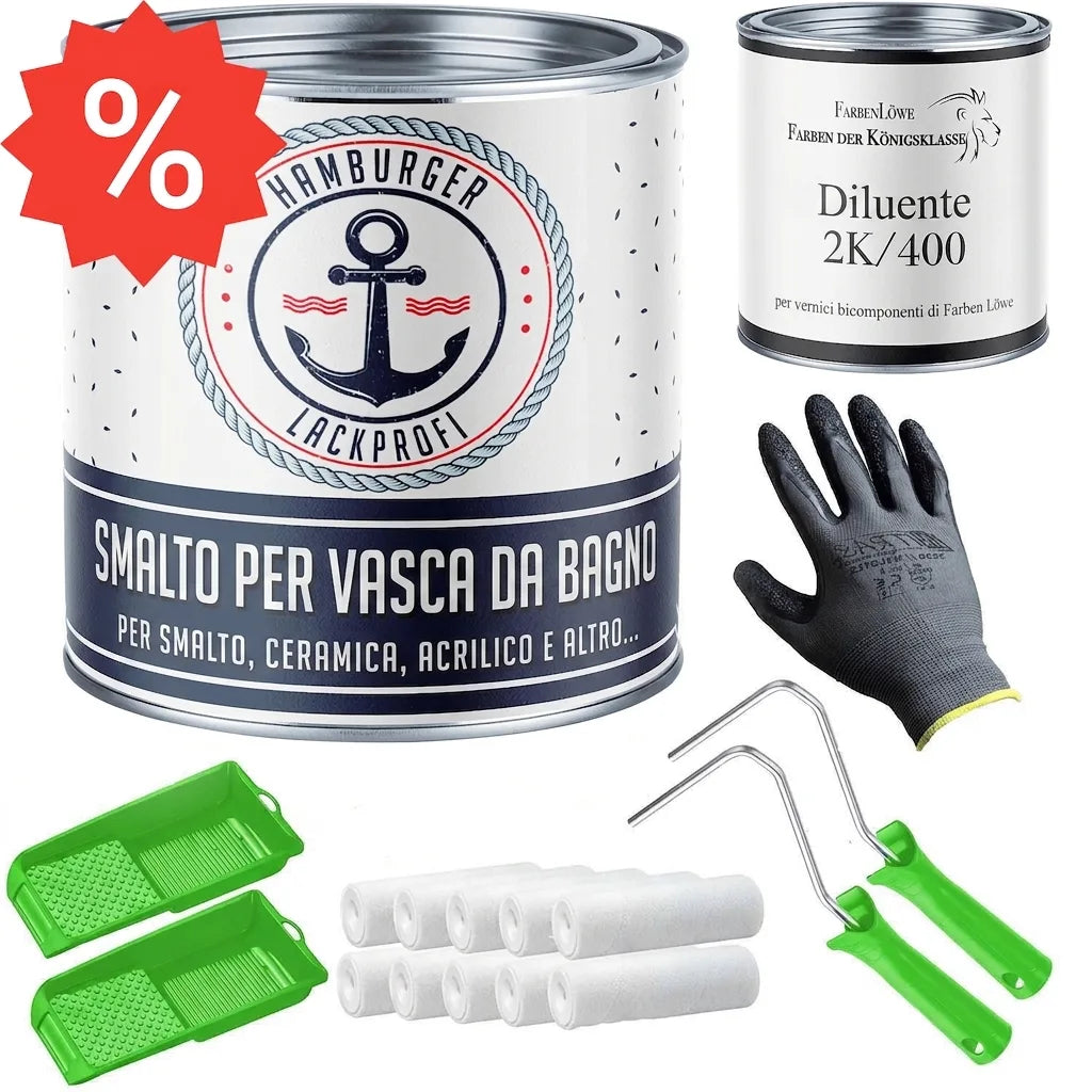 Kit completo vernice per vasca da bagno: smalto, diluente, rulli, guanti e vaschette.