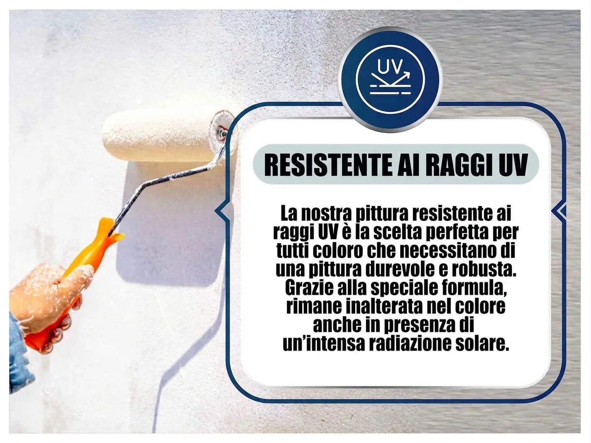 Mano che dipinge un muro di bianco con un rullo. Descrizione della vernice resistente ai raggi UV, durevole e robusta.