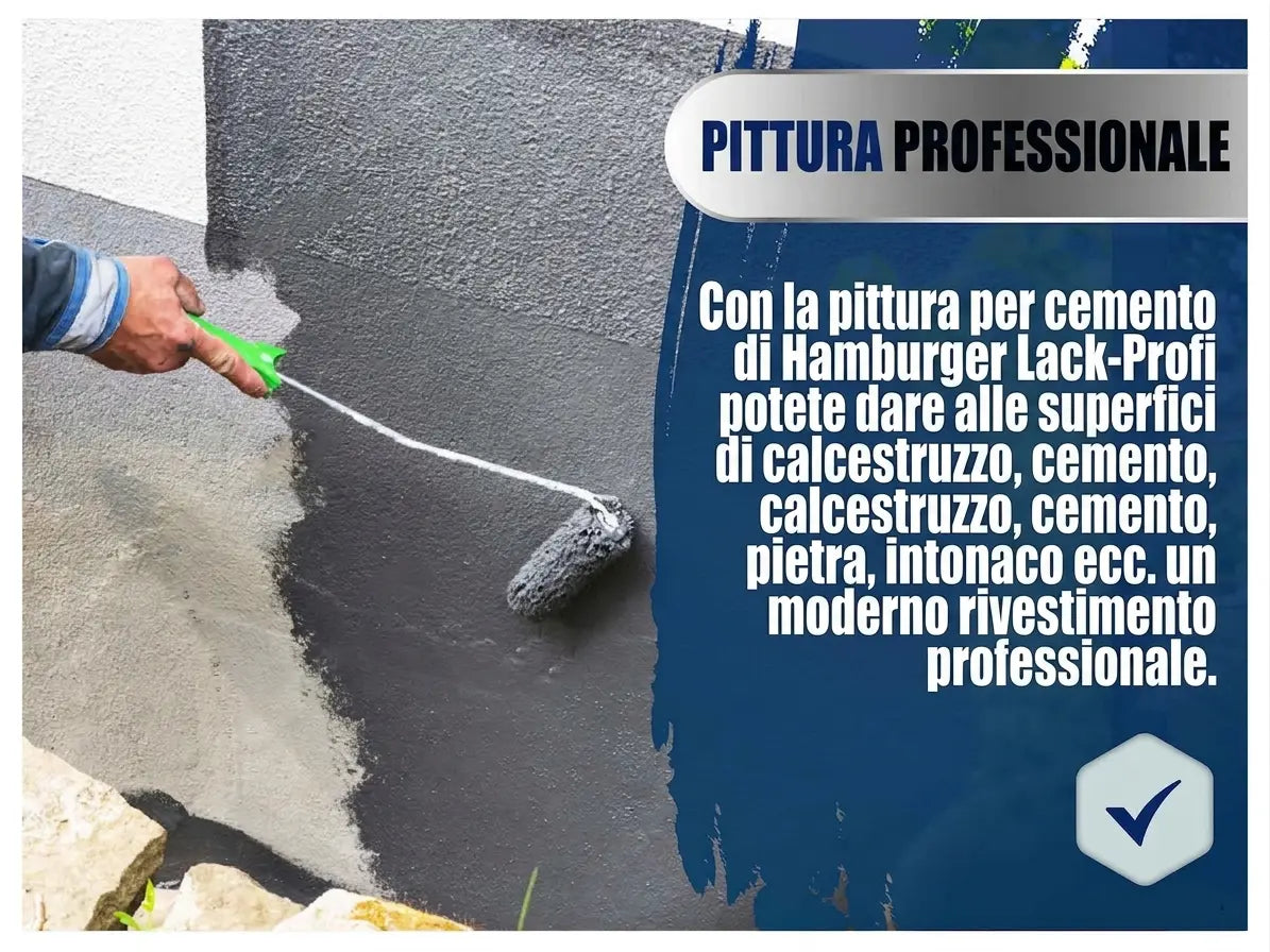 Mano che dipinge una parete grigia con rullo. Vernice professionale per cemento, intonaco e pietra, finitura moderna.