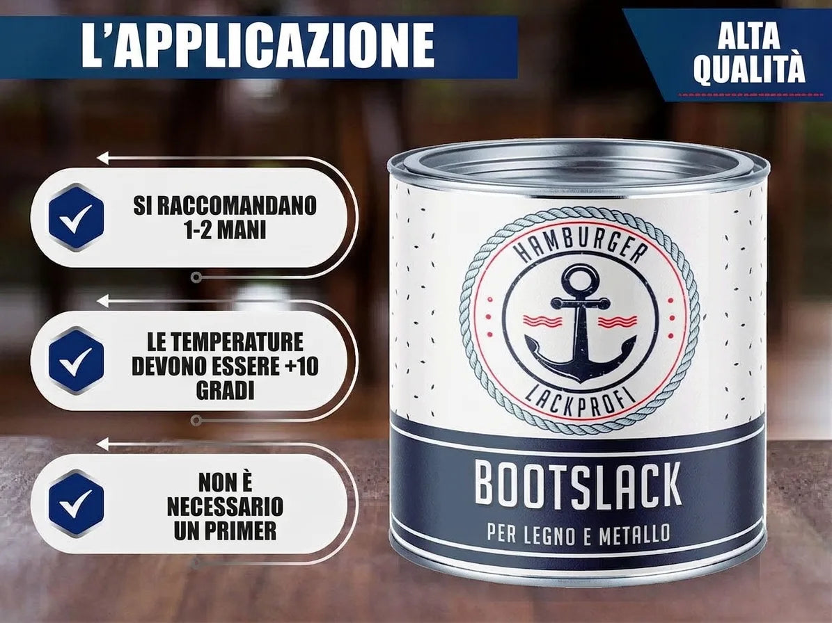 Barattolo di vernice per barche Hamburger Lackprofi con istruzioni d'uso: 1-2 mani, +10°C, senza primer. Alta qualità.