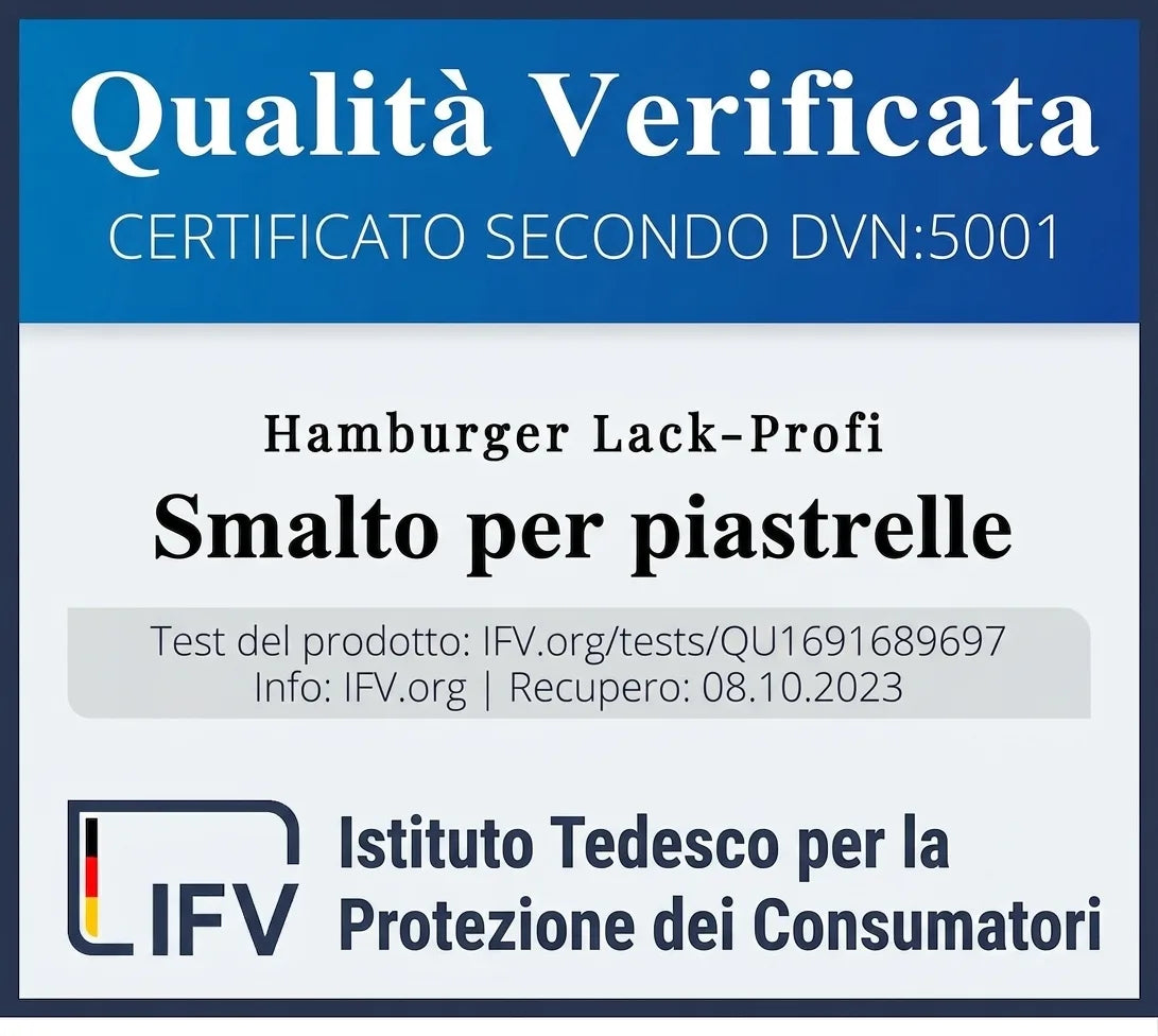 Etichetta di certificazione per vernice per piastrelle Hamburger Lack-Profi: Qualità testata dal Deutsches Institut für Verbraucherschutz.