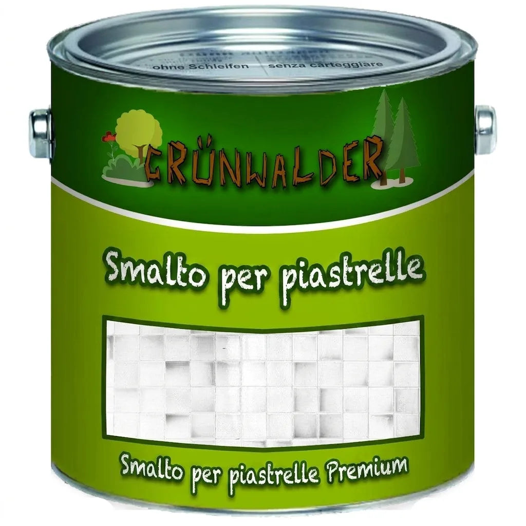Barattolo di vernice verde Grünwalder Fliesenlack, smalto premium per piastrelle.
