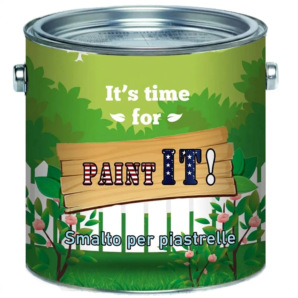 Lattina di vernice per piastrelle (Fliesenlack) con design giardino e scritta 'PAINT IT!'.