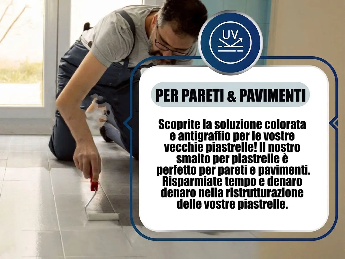 Uomo vernicia piastrelle a terra. Soluzione colorata e antigraffio per rinnovare piastrelle parete e pavimento.