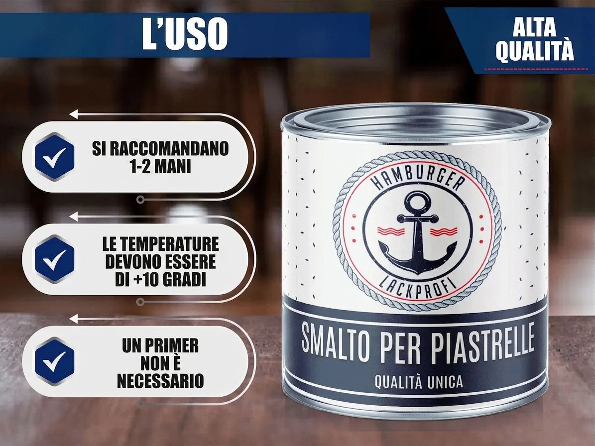 Vernice per piastrelle 'Hamburger Lackprofi' con istruzioni d'uso: 1-2 mani, temp. min +10°C, senza primer. Alta qualità.