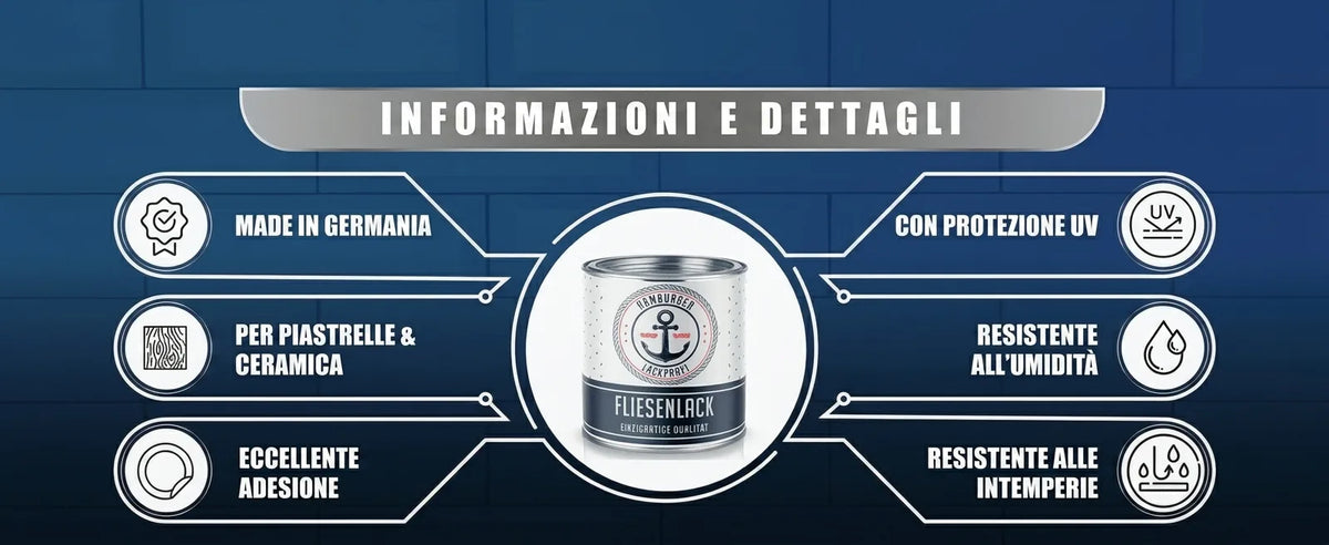 Vernice per piastrelle: informazioni dettagliate su caratteristiche come produzione tedesca, protezione UV e resistenza.