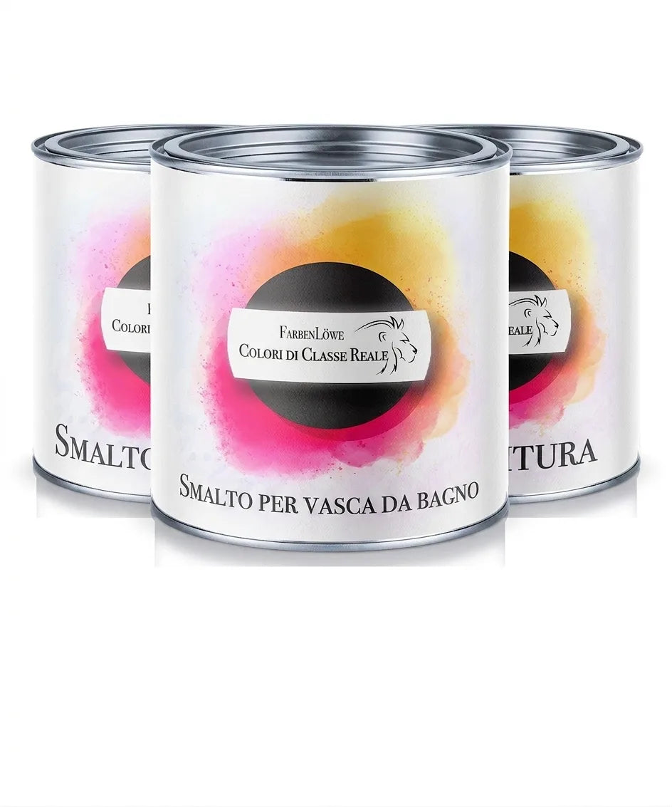 Set di tre barattoli di smalto bianco per vasche da bagno con etichette colorate e logo leone.