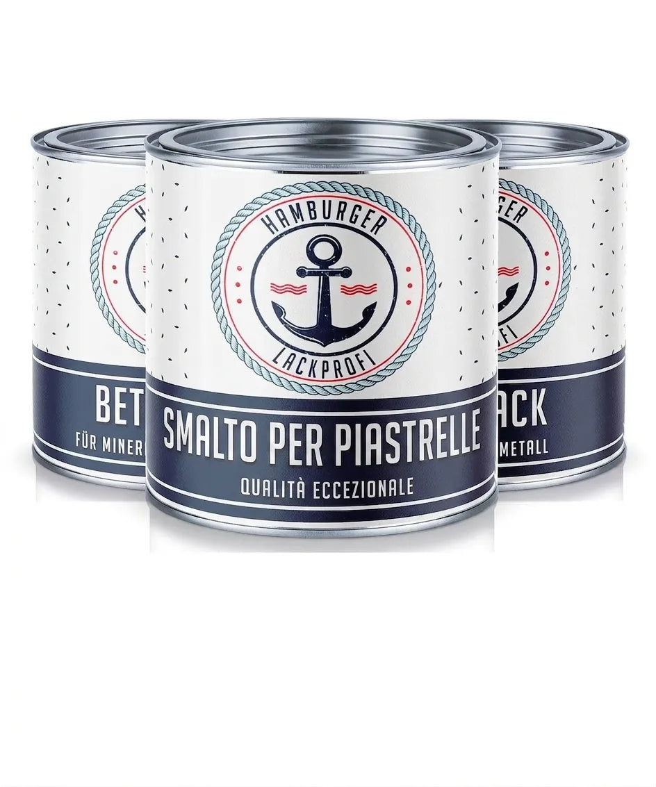 Tre lattine di smalto per piastrelle Fliesenlack di Hamburger Lackprofi, qualità unica.