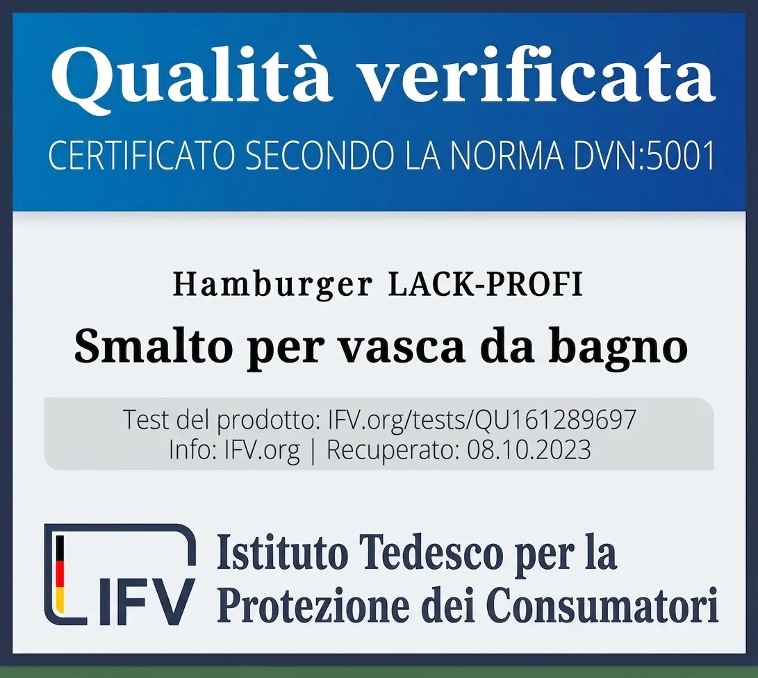 Etichetta di certificazione per vernice per vasca da bagno Hamburger Lack-Profi, testata dall'Istituto tedesco.