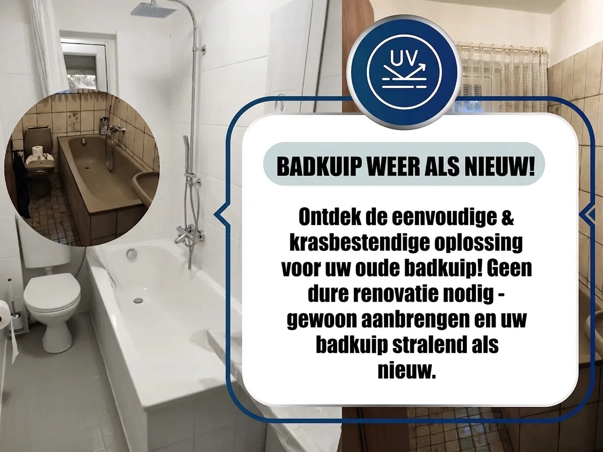 Voor en na: oude bruine badkuip gerenoveerd tot stralend wit met krasvaste, UV-bestendige coating.
